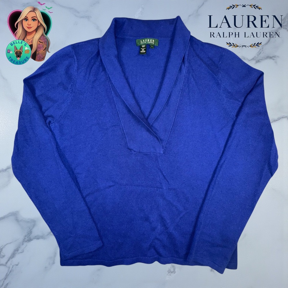 Ralph Lauren LRL Womens Large Royal Blue Cashmere Silk Shawl Collar Knit Sweater